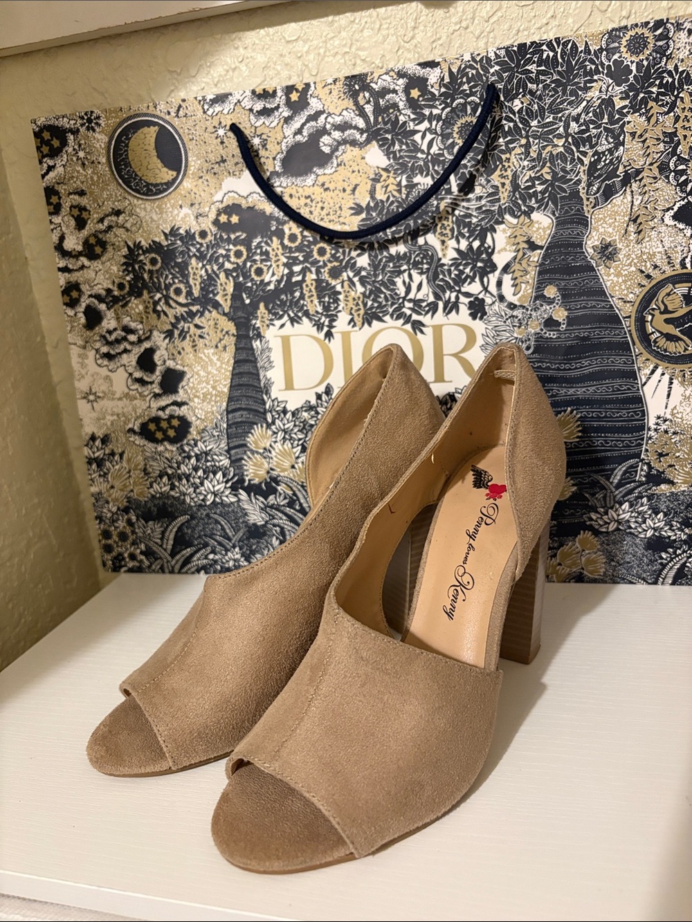 Penny Loves Kenny Taupe Suede Open-Toe Block Heels